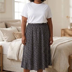 White Stag Black Floral Smocked-Waist Midi Skirt